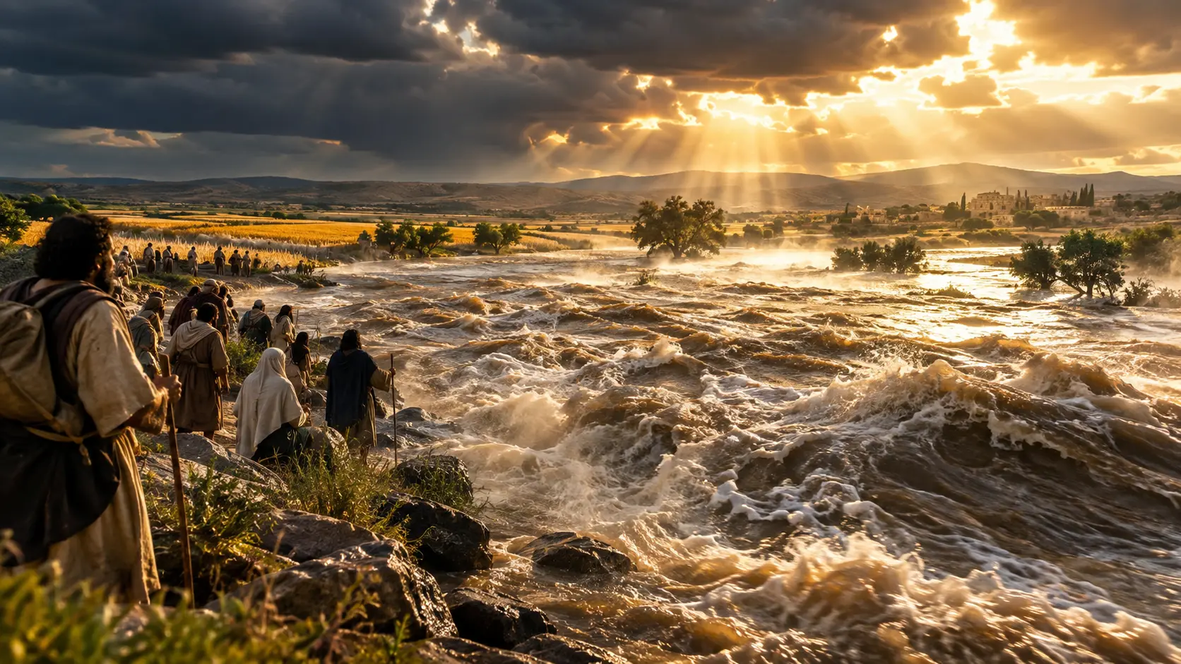 The Israelites at the Jordan river as it overflows its banks